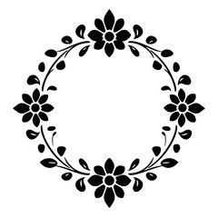 Black floral wreath design with four stylized flowers, leaves, and berries, symmetrical on white backdrop.