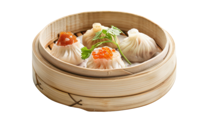 Steaming basket presenting assorted dim sum dumplings with roe and herbs on transparent background