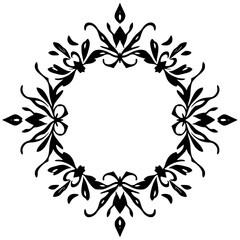 Black Floral Vector Border Design with Detailed Leaf and Bow Elements Forming a Geometric Circle on a White Background