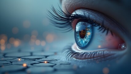 Futuristic Eye with City Reflection and Digital Network, Technology Close-Up
