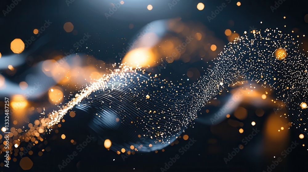 Poster glowing neon sound wave lines and particles swirl and twist forming an abstract and futuristic digit