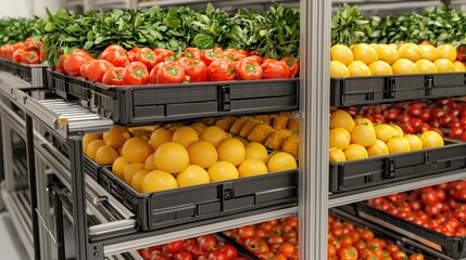 Obraz premium A vibrant display of fresh tomatoes and lemons stacked in trays, showcasing a colorful assortment of produce in a market setting.
