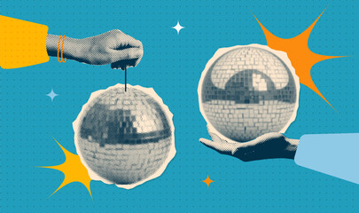 Set of shiny disco balls and cut out hands in dotted halftone collage style. Collection of trendy modern retro elements with flat star decoration. Vector 80s design