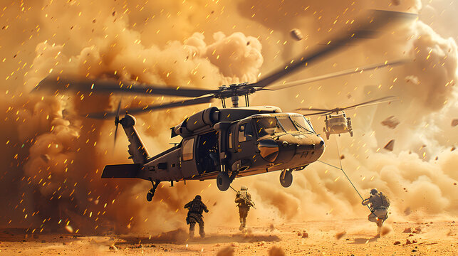 Escena de combate cuerpo a cuerpo en guerra moderna con apoyo de helic&oacute;ptero