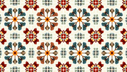 Vibrant Folklore-Inspired Tile Patterns: Seamless Designs with Clear White Balance Perfect for Print Materials like Brochures and Posters in Photo Stock Concept