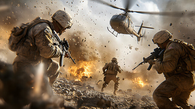 Escena de combate cuerpo a cuerpo en guerra moderna con apoyo de helic&oacute;ptero
