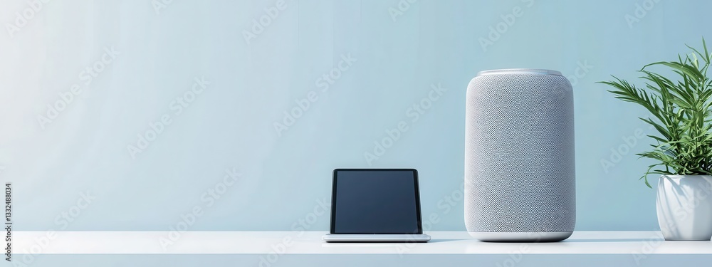 Poster modern minimalist workspace with smart speaker and tablet device