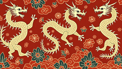 Fototapeta premium Vibrant Red Dragons and Golden Phoenixes Seamless Tile Pattern for Festive Chinese Home Decor - Cute Flat Vector Illustration for Smart Business Concepts