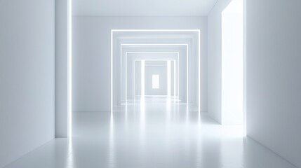 Minimalistic white corridor with glowing lights.