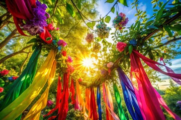 Fototapeta premium Colorful Ribbons and Flowers Hanging from Tree Branches