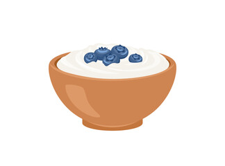 Yogurt with blueberry in white bowl. Vector cartoon illustration of healthy food.