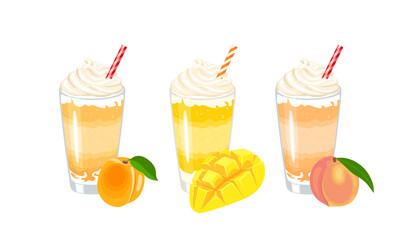Milkshake set. Vector cartoon illustration of fruit cocktail with whipped cream in glass cup. Summer drink flat icon. Apricot, peach and mango.