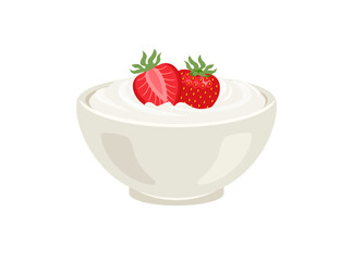 Yogurt with strawberry in white bowl. Vector cartoon illustration of healthy food.