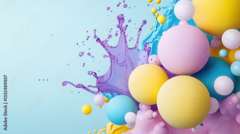 Poster an abstract and playful image featuring a vibrant display of spheres splashes and bubbles in a dynam