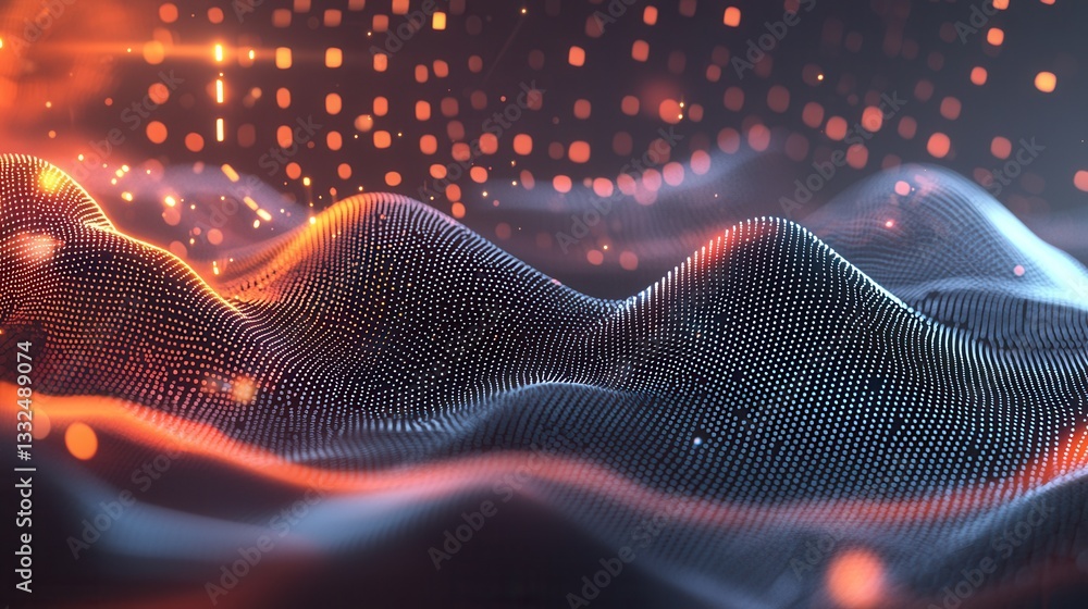 Poster this captivating digital artwork features a dynamic undulating landscape of neon wave lines that dan