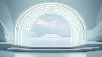 Fototapeta premium Futuristic stage with glowing arches in minimalist design.
