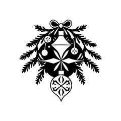 Fototapeta premium Elegant Black and White Christmas Ornament with Pine Branches, Bow, and Festive Baubles, Minimalist Design