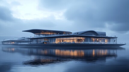 Fototapeta premium Modern building reflecting on calm water.