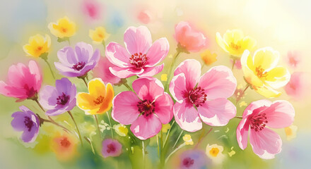 Fototapeta premium Delicate watercolor painting of spring flowers, filled with lightness and grace. Pastel shades convey the feeling of nature awakening, warmth, and the freshness of a spring morning.