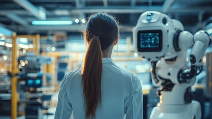Woman Observing Advanced Robotics in a Modern Factory