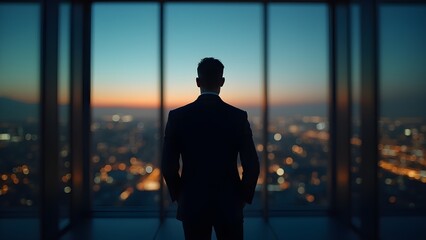 Fototapeta premium Executive Vision: Businessman Contemplates Cityscape at Sunset from High-Rise Office