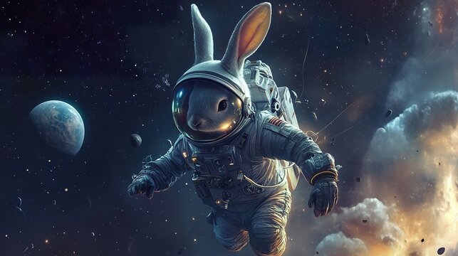 Rabbit Astronaut Explores Cosmic Space
