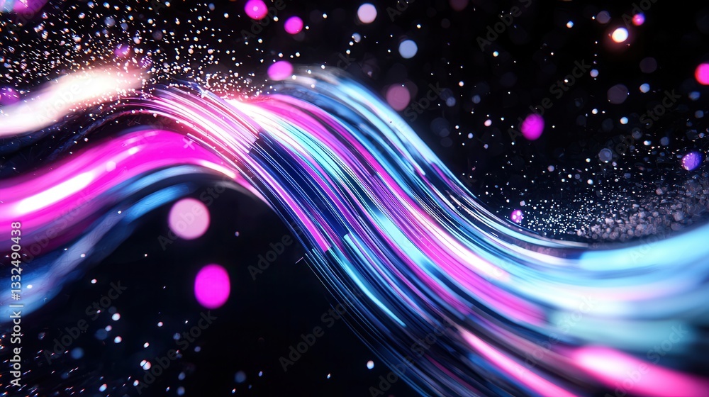 Poster vibrant neon wave lines in shades of pink and blue creating a dynamic and hypnotic visual display wi