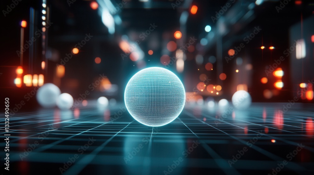 Poster a visually captivating 3d rendering of a translucent wireframe sphere suspended in a futuristic neon