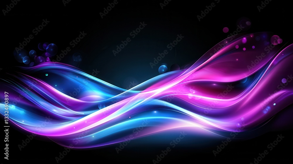 Poster captivating abstract design featuring dynamic glowing neon waves and curves that create a mesmerizin