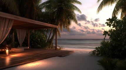 Tropical beach gazebo at sunset