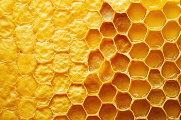 Close-up of honeycomb, half filled with honey. Illustrates honey production, texture, and sweetness.