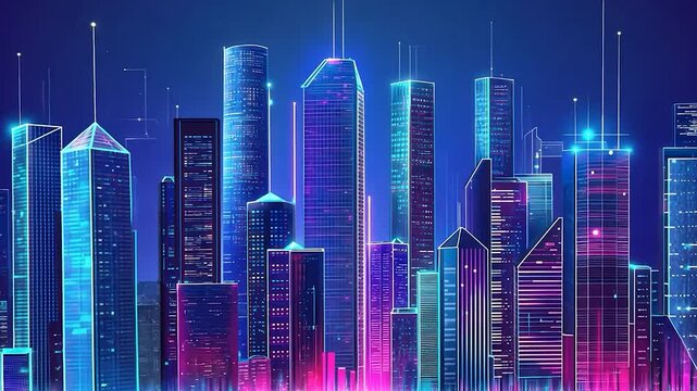 Futuristic City Skyline Night Neon Glow