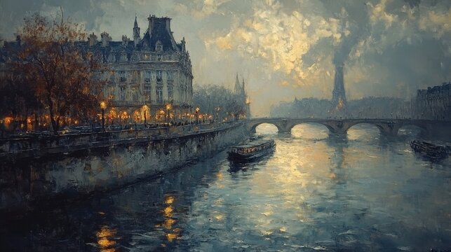 Scenic evening view of paris seine river with historic buildings and bridge