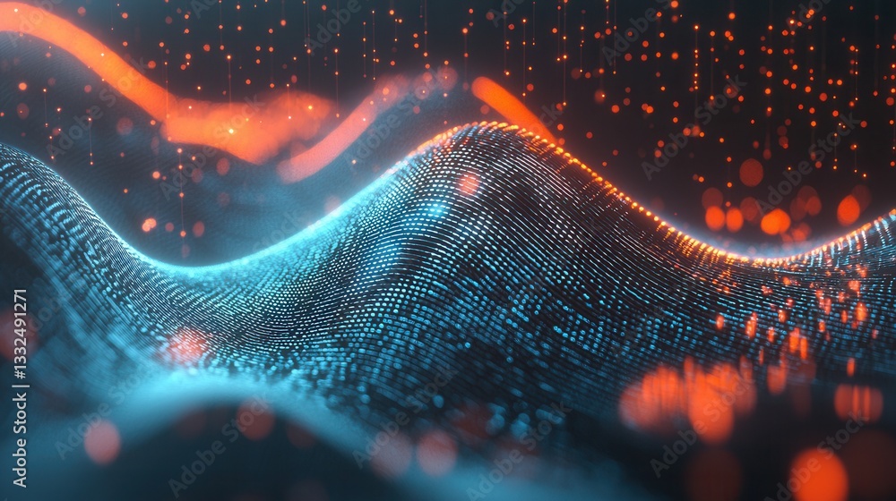 Poster an abstract and dynamic digital landscape featuring a flowing sea of luminous neon particles and geo