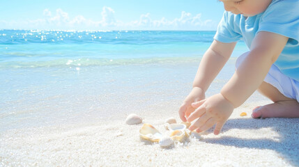 child playing with seashells on sunny beach, enjoying ocean view