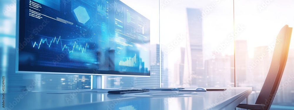 Poster modern workspace with computer screen displaying data analytics