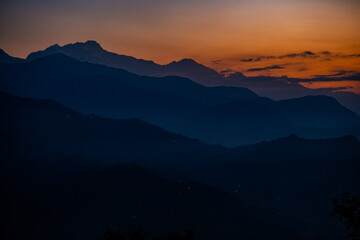 Scenic View of Layered Himalayan Mountains at Sunset from Sarangkot Viewpoint, Pokhara, Nepal