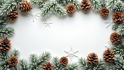Flat Frosty pinecones and snowflakes arranged seamlessly to create nature inspired warm winter home decor concept as Frosty pinecones and snowflakes arranged seamlessly to create nature inspired warm 
