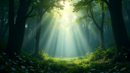 Obraz premium Watercolor Illustration: Sunlight Through Lush Rainforest Canopy