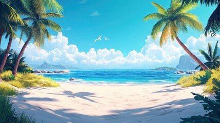 Tropical beach paradise with clear blue skies and palm trees