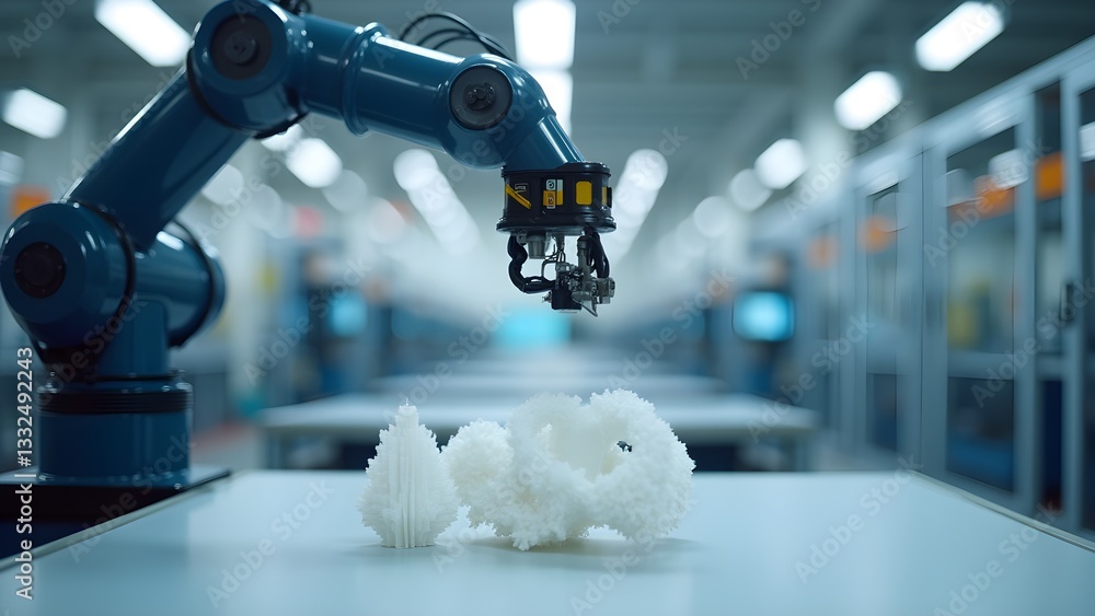 Poster automated robotic arm working on prototype product, modern technology in manufacturing process, fact