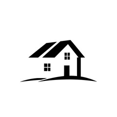 Minimalist black and white illustration of a house with two windows, a door, and a stylized roof on a gentle, curved landscape, suggesting home, shelter, and simplicity.