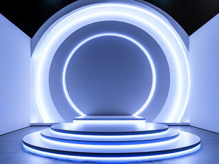 Fototapeta premium Modern stage design with illuminated circular patterns.