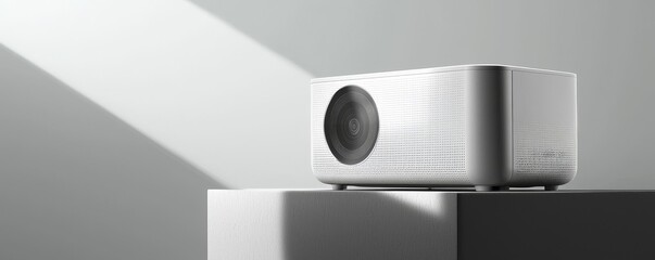 Modern projector on sleek surface with shadows.