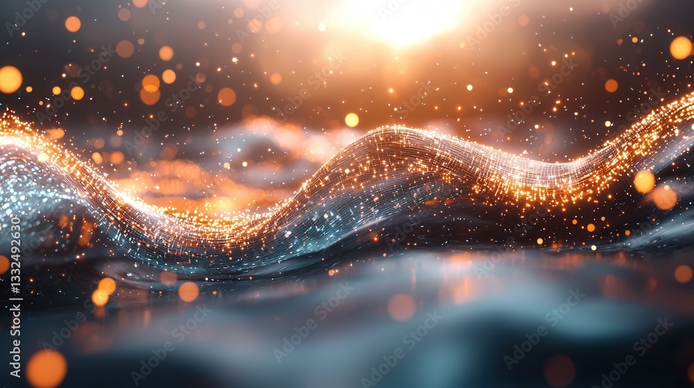 Poster a futuristic and luminous abstract design created by a generative system featuring glowing waves cur