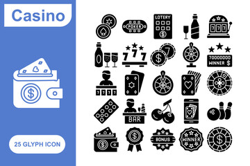 Casino glyph icon set, Collection of 25 Glyph Casino - 25 Stylish Icons for Gambling, Betting, and Gaming