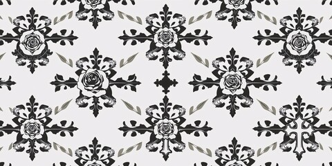Obraz premium Gothic Vector Pattern with Roses, Thorns, and Crosses in Monochromatic Design