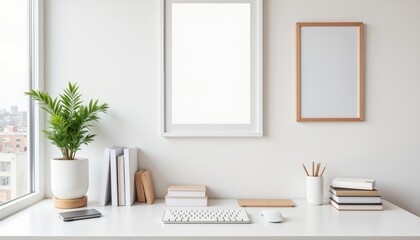 Minimalist white desk with modern art, urban simplicity concept