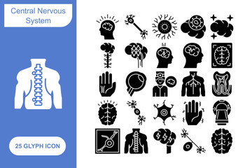 Central Nervous System glyph icon set, Collection of 25 Glyph Central Nervous System - 25 Stylish Icons for Brain, Spine, and Neurology