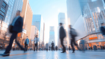 Blurred cityscape with people walking in busy urban environment